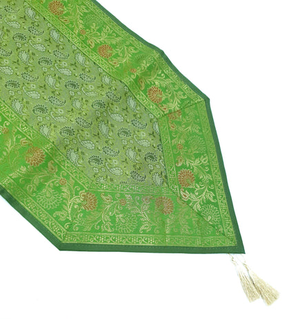 13 PC Indian Green Table Runner Dining Decor  Banarasi Silk Brocade Paisley Gift
