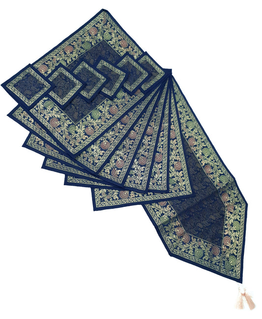 13 PC Indian Banarasi Silk Brocade Paisley Table Runner Dark Blue Dining Decor