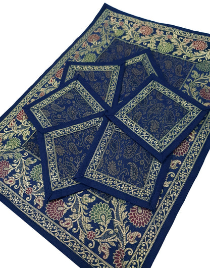 13 PC Indian Banarasi Silk Brocade Paisley Table Runner Dark Blue Dining Decor