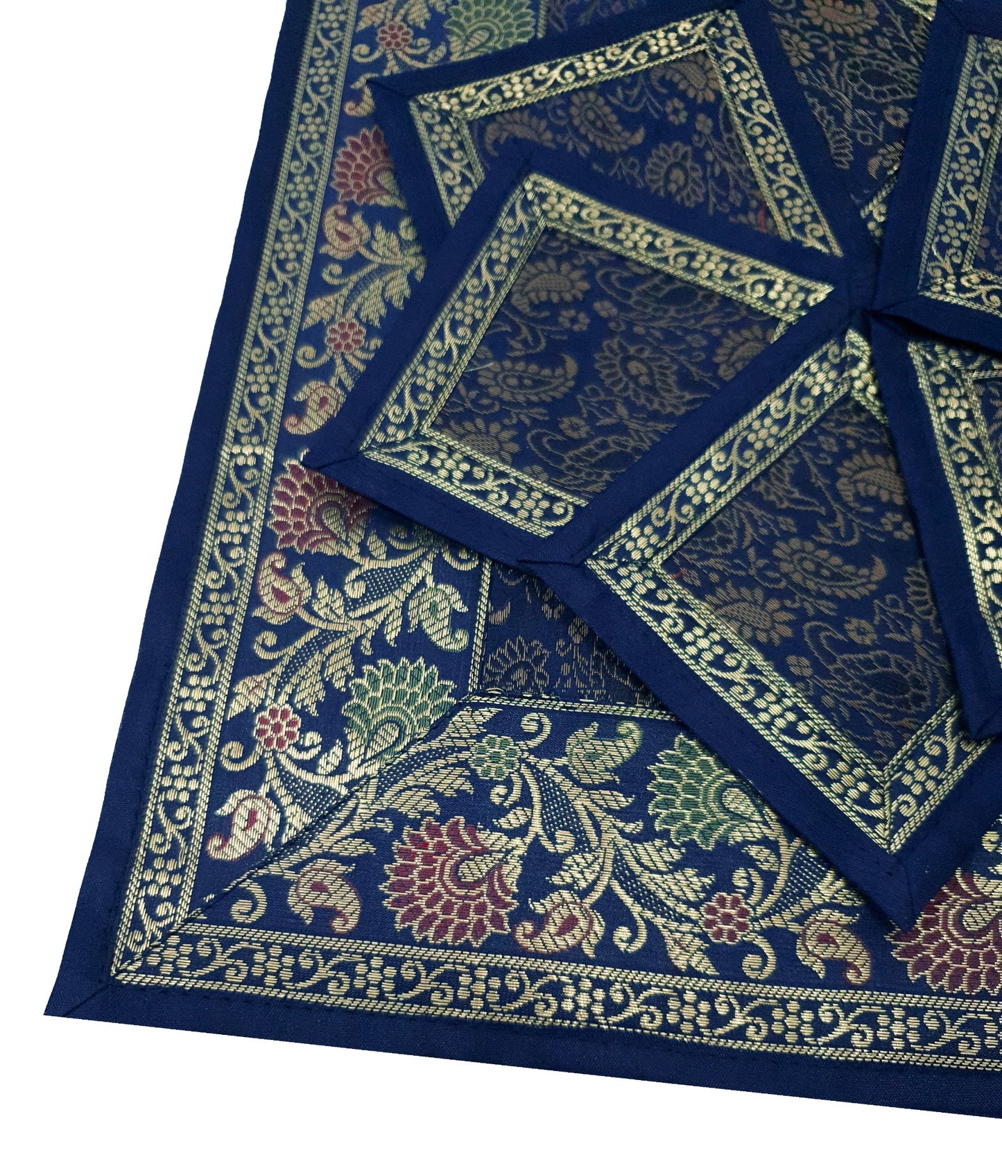 13 PC Indian Banarasi Silk Brocade Paisley Table Runner Dark Blue Dining Decor