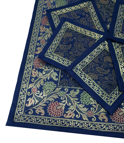 13 PC Indian Banarasi Silk Brocade Paisley Table Runner Dark Blue Dining Decor