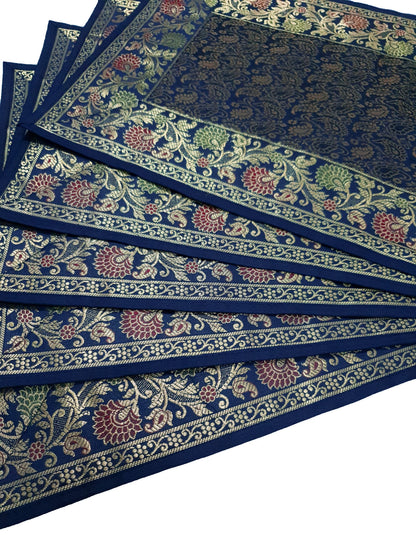 13 PC Indian Banarasi Silk Brocade Paisley Table Runner Dark Blue Dining Decor