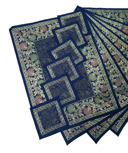 13 PC Indian Banarasi Silk Brocade Paisley Table Runner Dark Blue Dining Decor