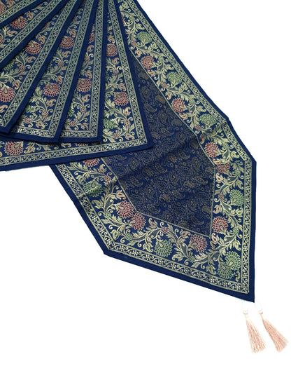 13 PC Indian Banarasi Silk Brocade Paisley Table Runner Dark Blue Dining Decor