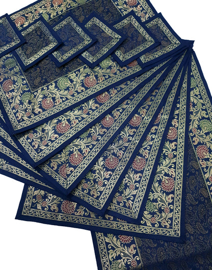 13 PC Indian Banarasi Silk Brocade Paisley Table Runner Dark Blue Dining Decor