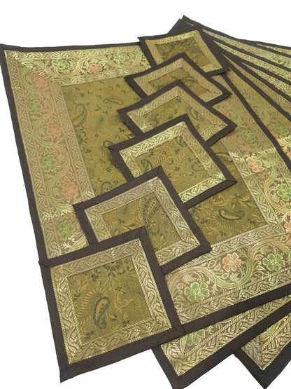 13 PC Indian Banarasi Silk Brocade Paisley Table Runner Dining Decor Gift Cloth
