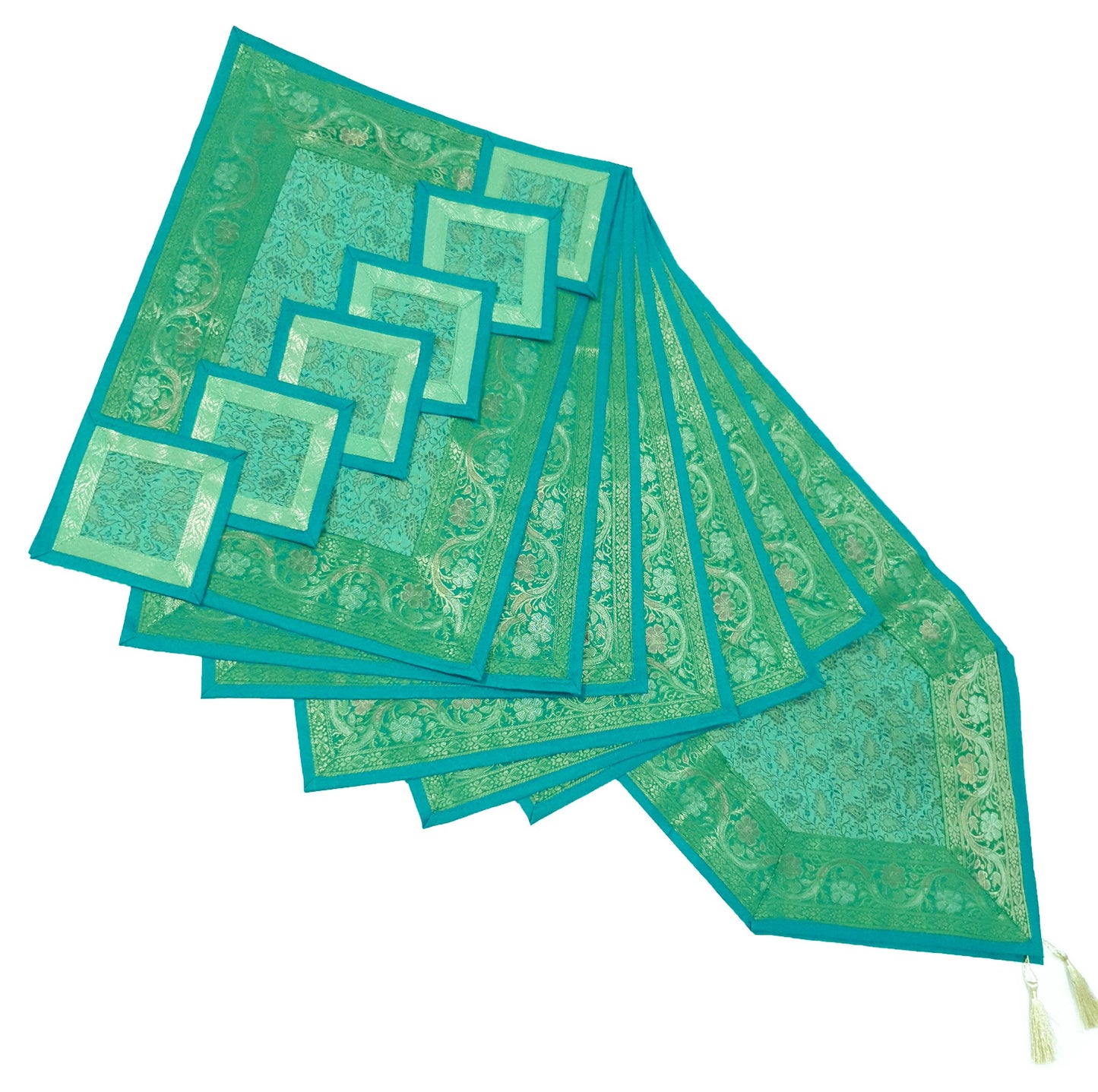 13 PC Aqua Green Banarasi Silk Table Runner – Indian Brocade Paisley Decor Gift