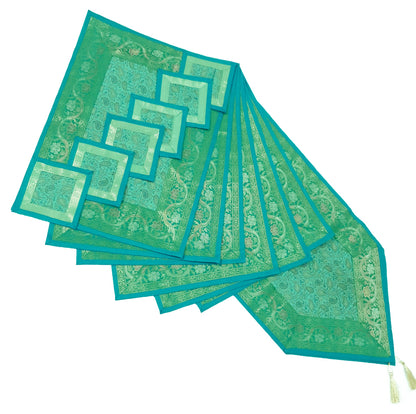 13 PC Aqua Green Banarasi Silk Table Runner – Indian Brocade Paisley Decor Gift