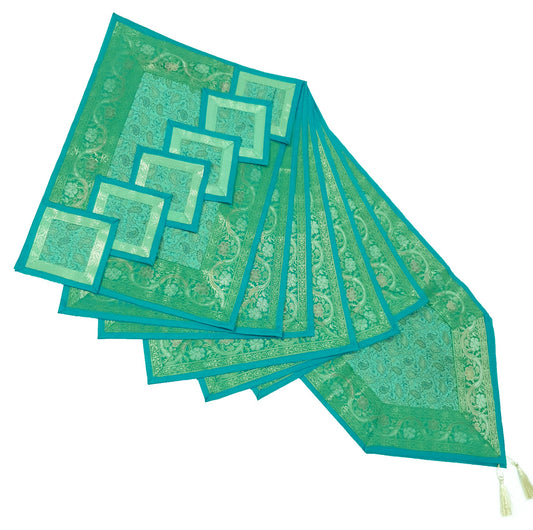 13 PC Aqua Green Banarasi Silk Table Runner – Indian Brocade Paisley Decor Gift