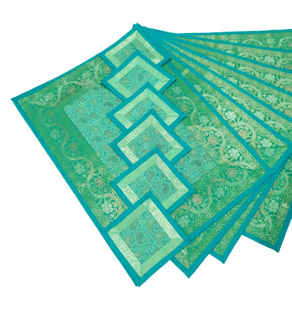 13 PC Aqua Green Banarasi Silk Table Runner – Indian Brocade Paisley Decor Gift