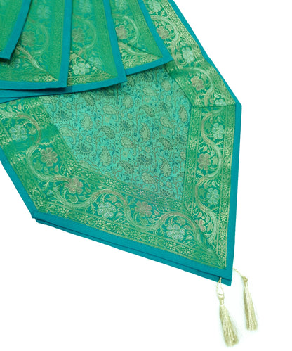 13 PC Aqua Green Banarasi Silk Table Runner – Indian Brocade Paisley Decor Gift