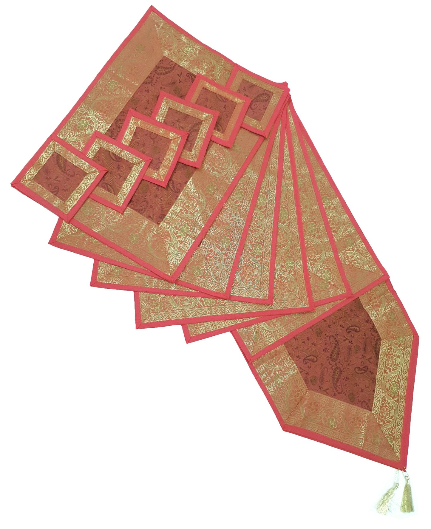 13 PC Coral Banarasi Silk Table Runner Indian Brocade Paisley Dining Decor Gift
