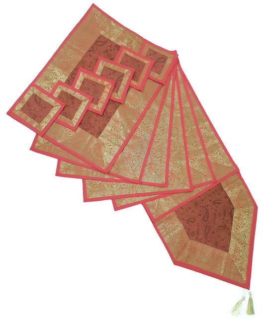 13 PC Coral Banarasi Silk Table Runner Indian Brocade Paisley Dining Decor Gift