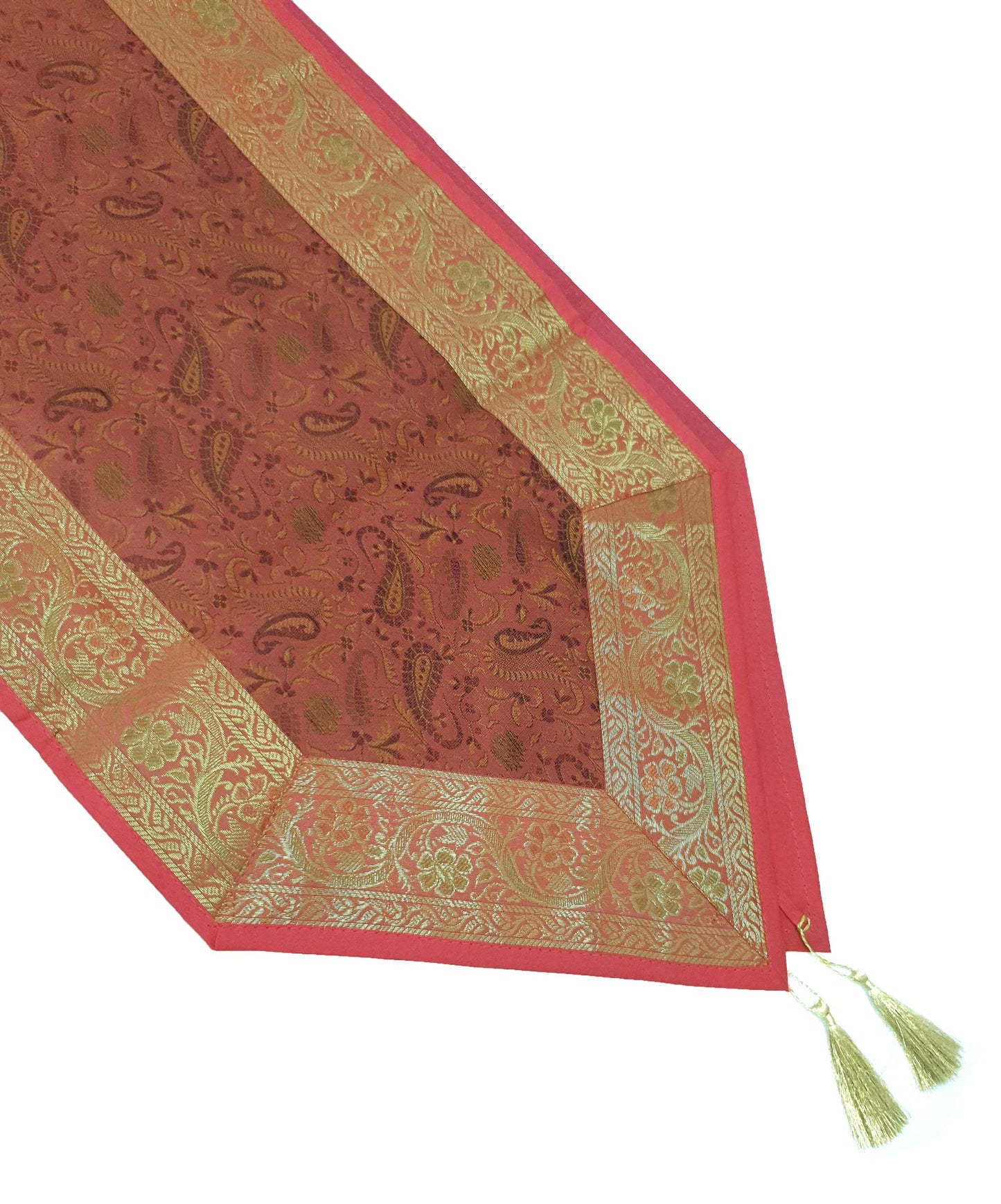 13 PC Coral Banarasi Silk Table Runner Indian Brocade Paisley Dining Decor Gift