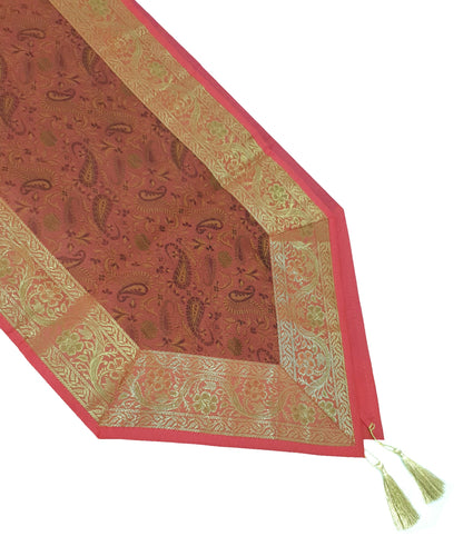 13 PC Coral Banarasi Silk Table Runner Indian Brocade Paisley Dining Decor Gift