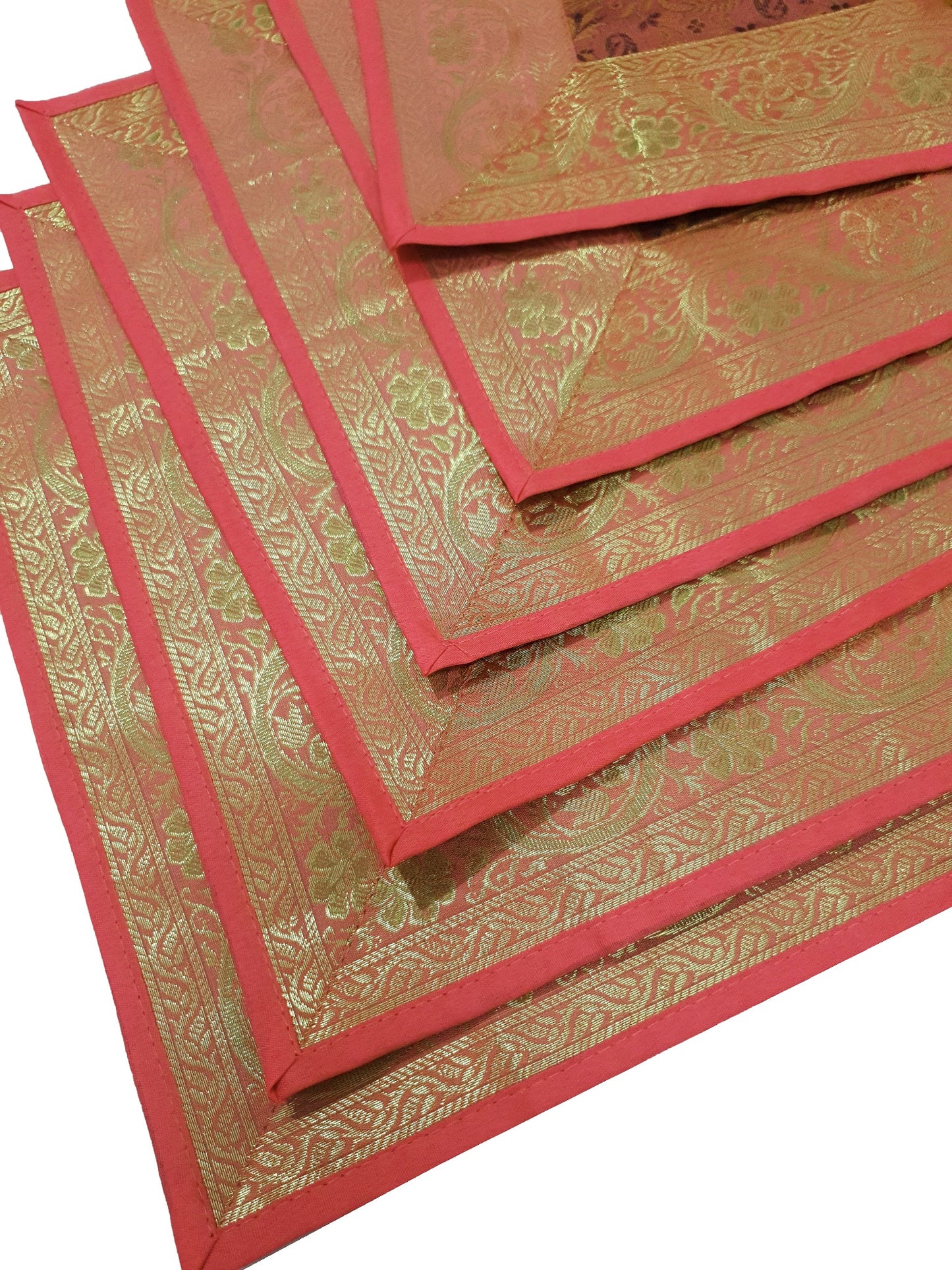 13 PC Coral Banarasi Silk Table Runner Indian Brocade Paisley Dining Decor Gift