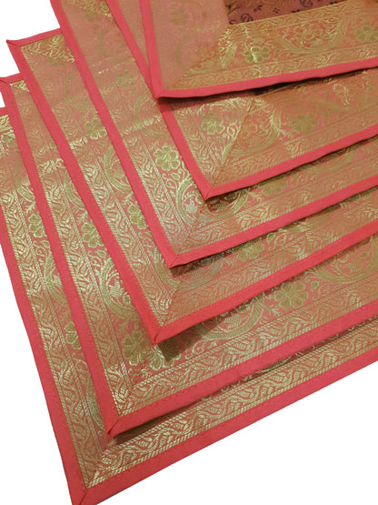 13 PC Coral Banarasi Silk Table Runner Indian Brocade Paisley Dining Decor Gift
