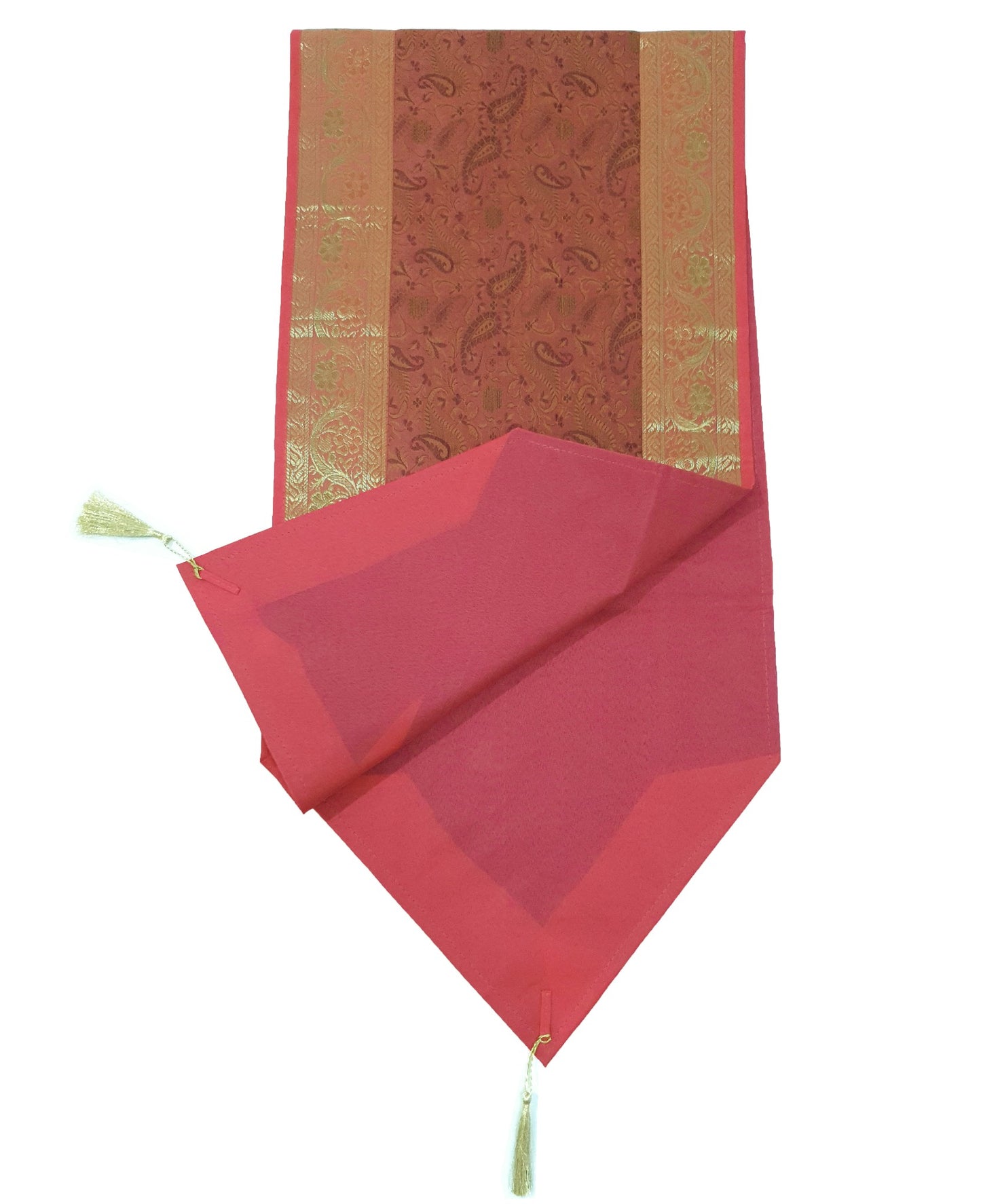 13 PC Coral Banarasi Silk Table Runner Indian Brocade Paisley Dining Decor Gift