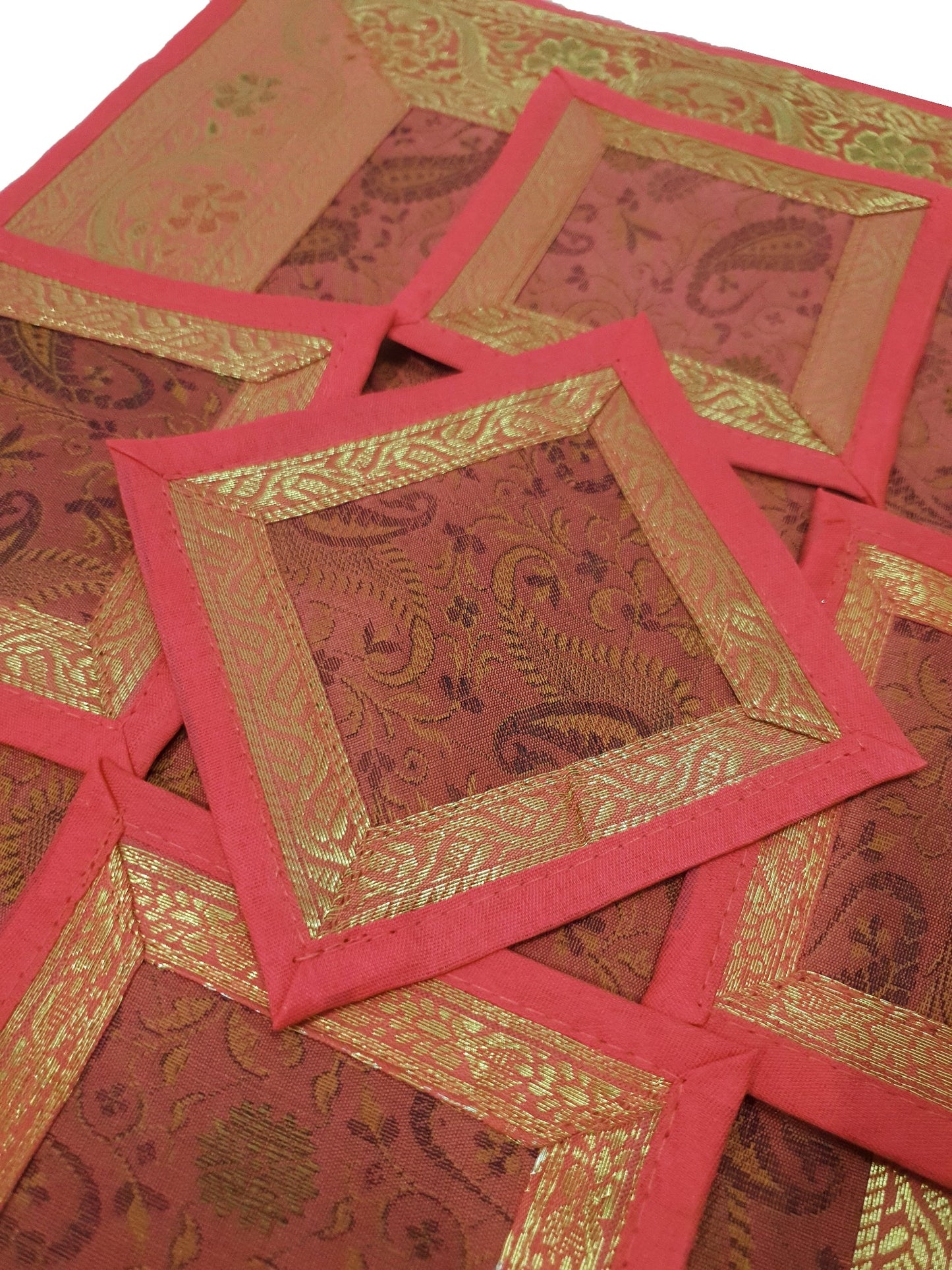 13 PC Coral Banarasi Silk Table Runner Indian Brocade Paisley Dining Decor Gift