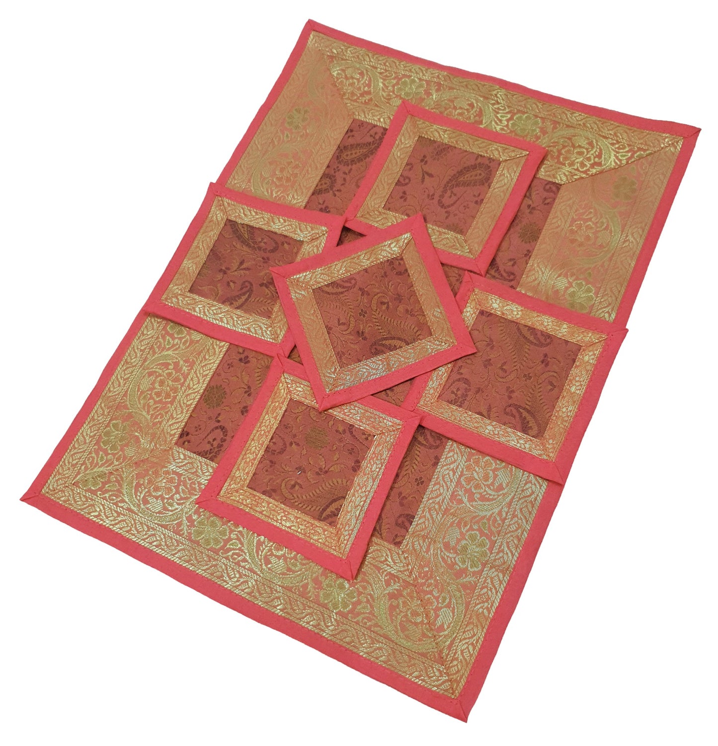 13 PC Coral Banarasi Silk Table Runner Indian Brocade Paisley Dining Decor Gift