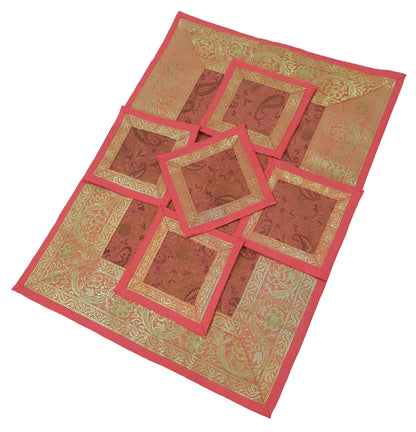 13 PC Coral Banarasi Silk Table Runner Indian Brocade Paisley Dining Decor Gift