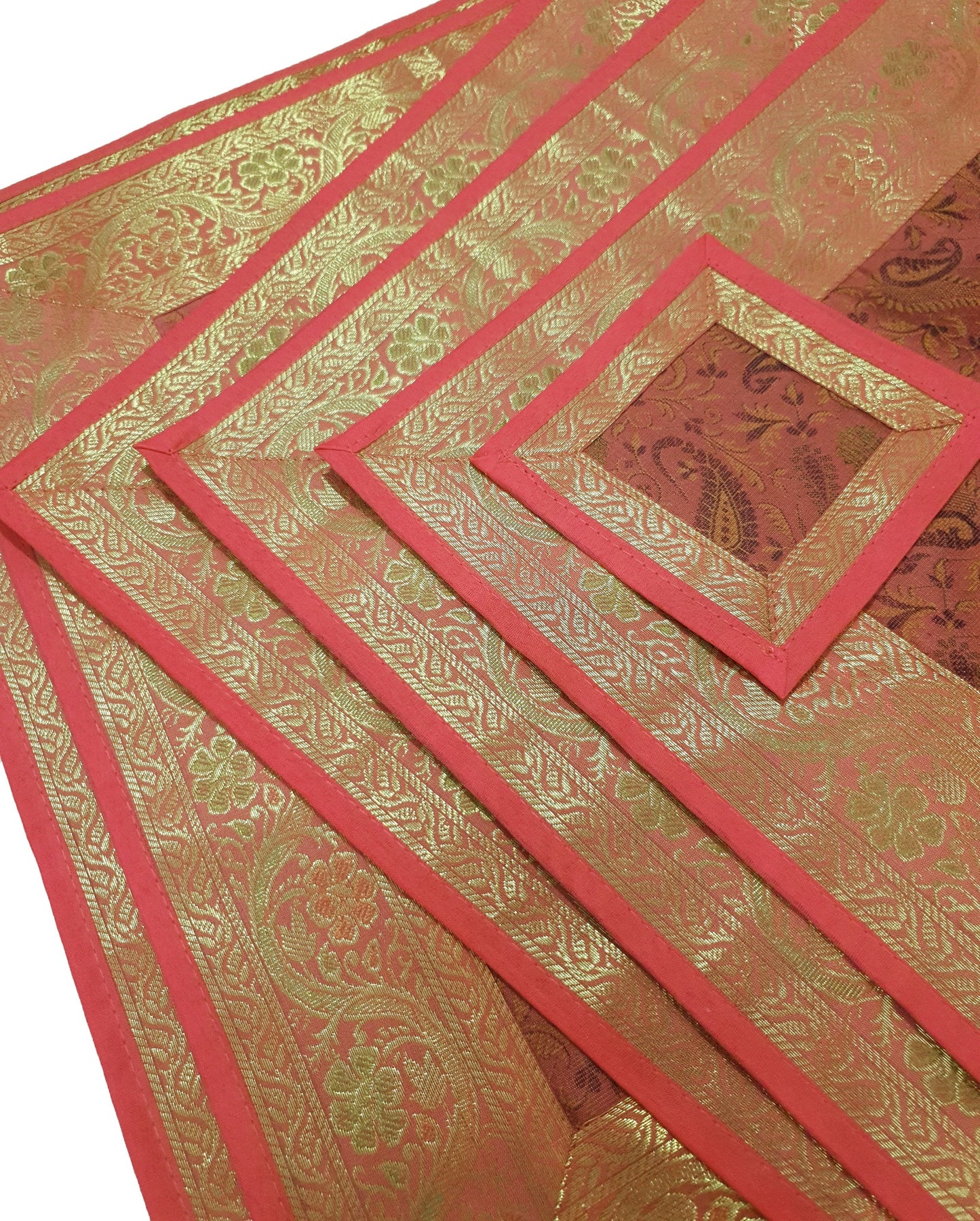 13 PC Coral Banarasi Silk Table Runner Indian Brocade Paisley Dining Decor Gift