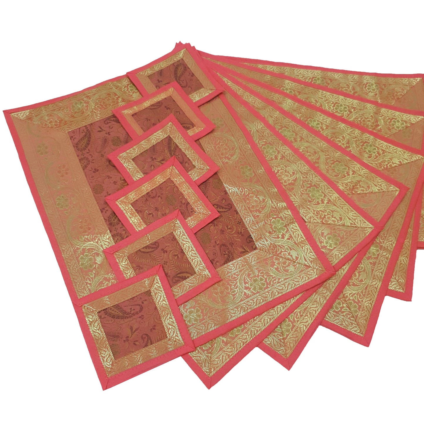 13 PC Coral Banarasi Silk Table Runner Indian Brocade Paisley Dining Decor Gift