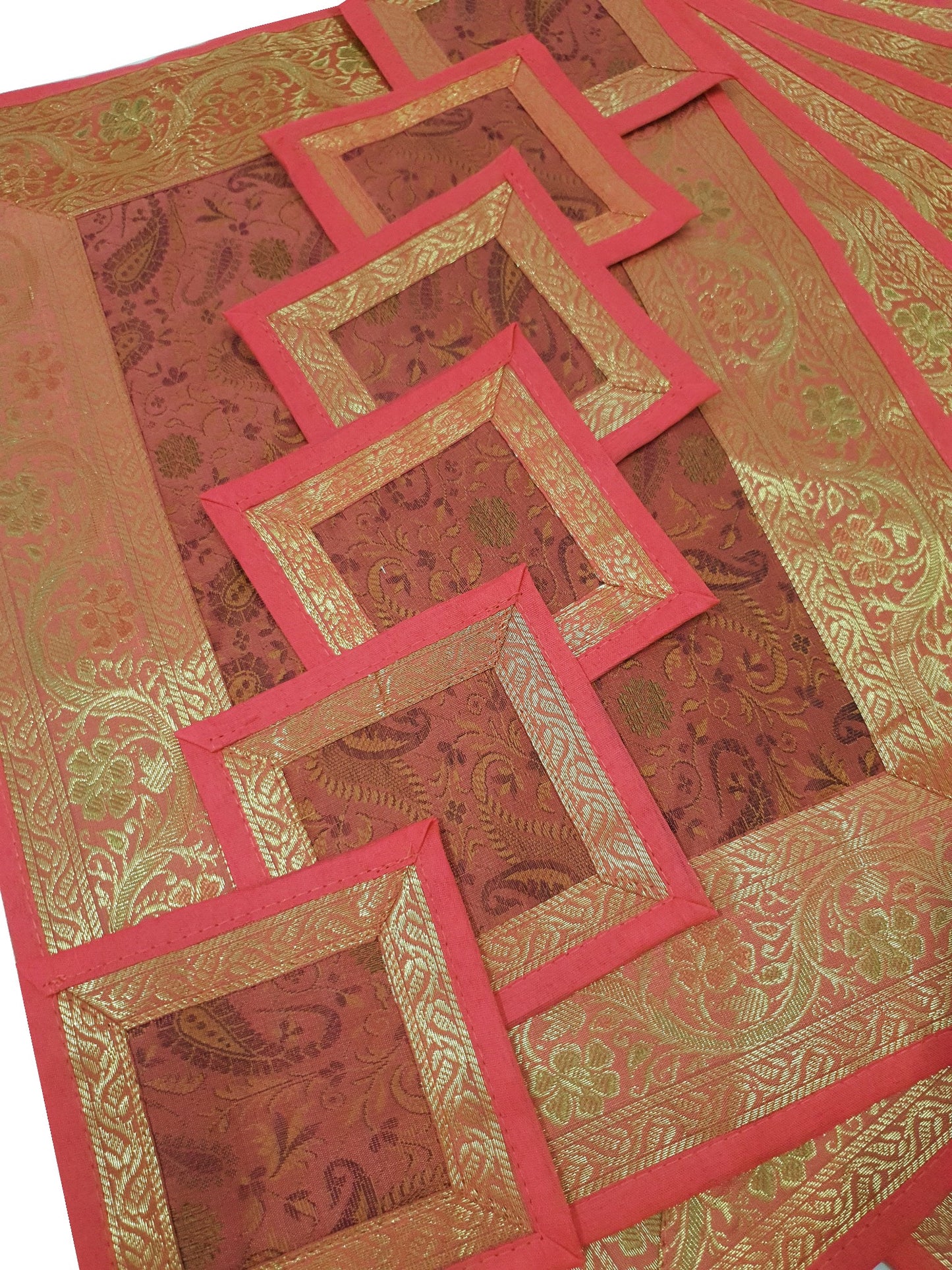 13 PC Coral Banarasi Silk Table Runner Indian Brocade Paisley Dining Decor Gift