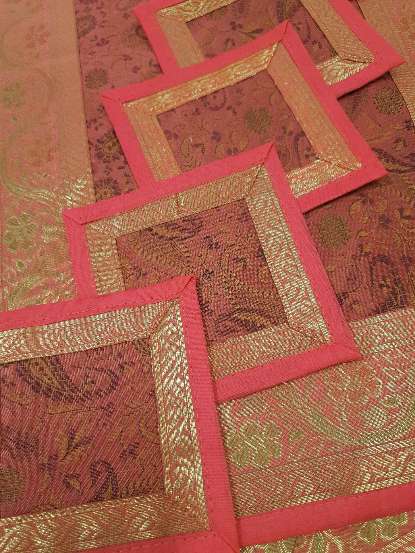13 PC Coral Banarasi Silk Table Runner Indian Brocade Paisley Dining Decor Gift