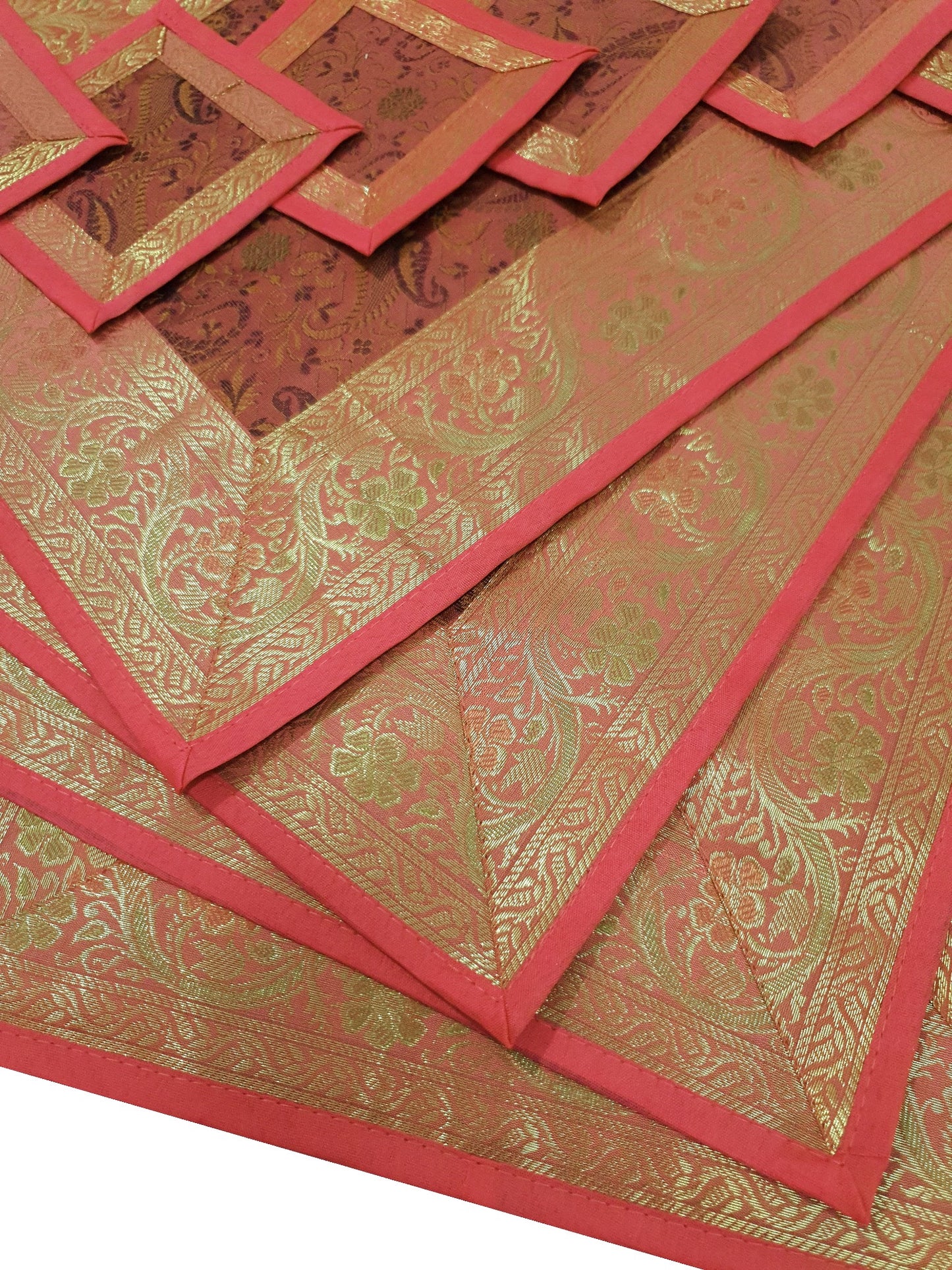 13 PC Coral Banarasi Silk Table Runner Indian Brocade Paisley Dining Decor Gift