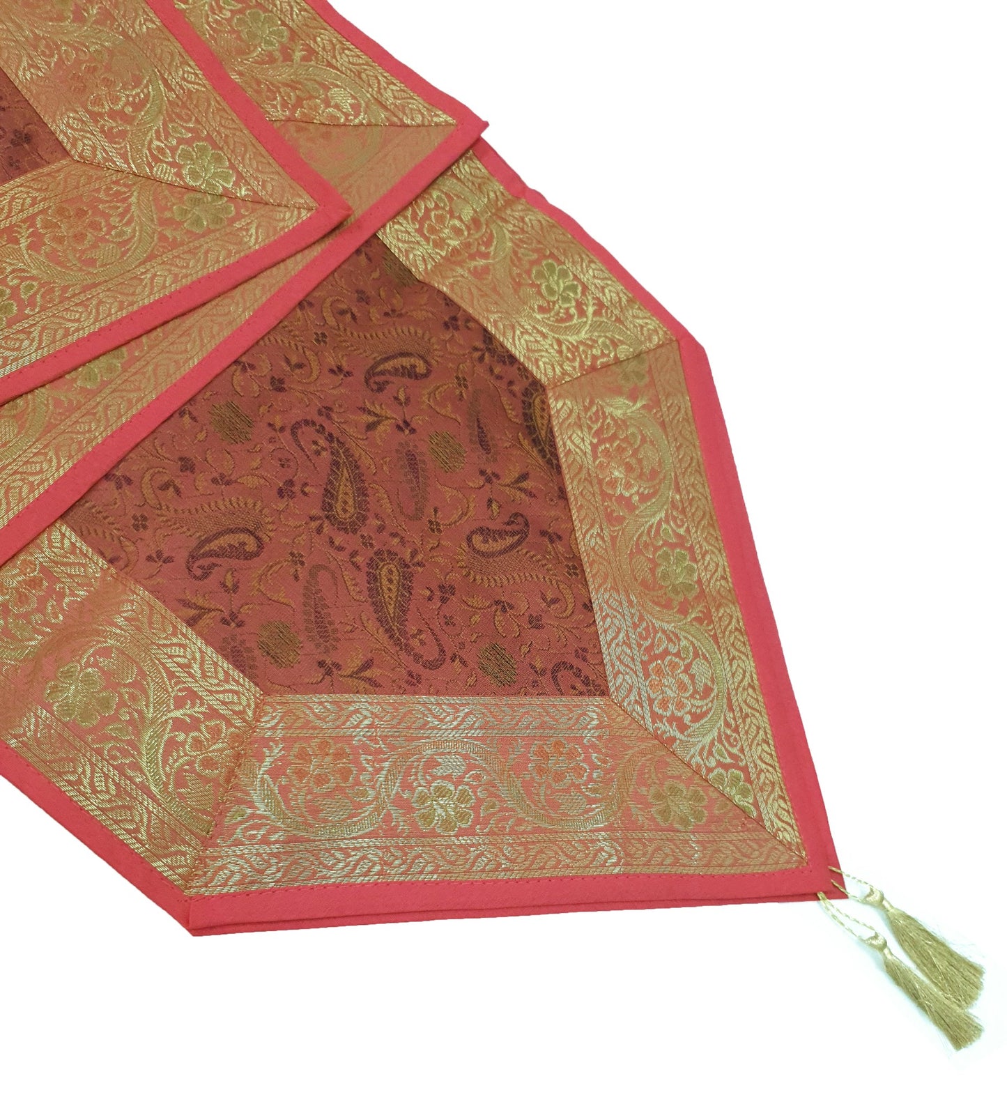 13 PC Coral Banarasi Silk Table Runner Indian Brocade Paisley Dining Decor Gift