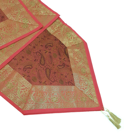 13 PC Coral Banarasi Silk Table Runner Indian Brocade Paisley Dining Decor Gift