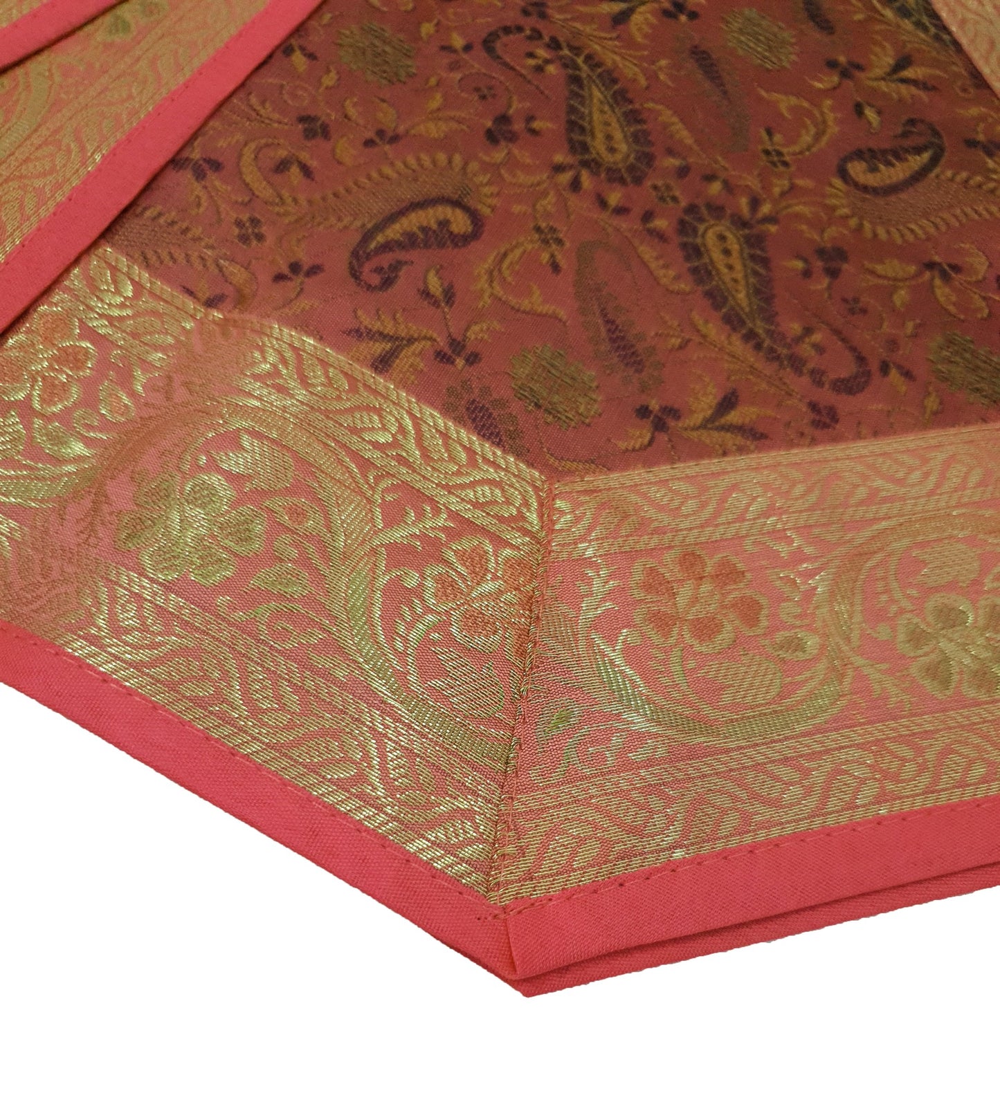 13 PC Coral Banarasi Silk Table Runner Indian Brocade Paisley Dining Decor Gift