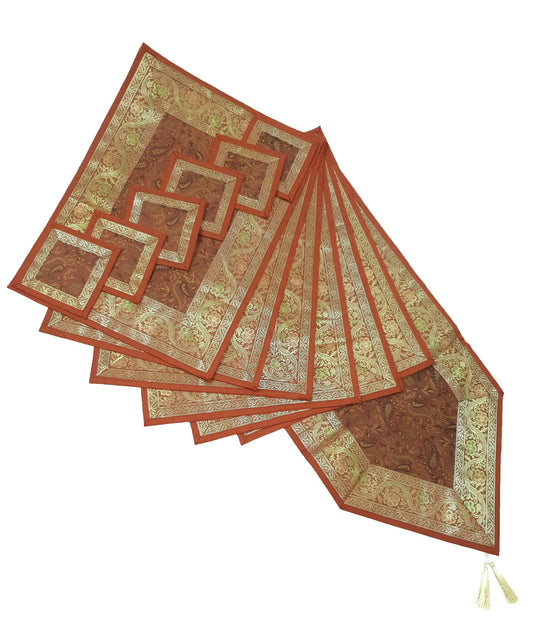 13 PC Indian Banarasi Silk Table Runner – Brown Brocade Paisley Decor Gift Cloth