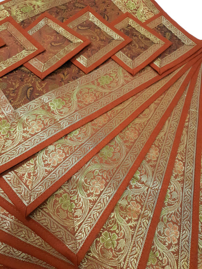 13 PC Indian Banarasi Silk Table Runner – Brown Brocade Paisley Decor Gift Cloth