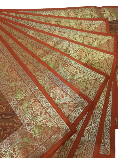 13 PC Indian Banarasi Silk Table Runner – Brown Brocade Paisley Decor Gift Cloth