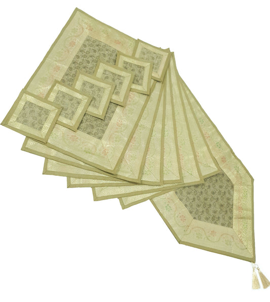 13 PC Table Runner Dining Indian Banarasi Silk Brocade Paisley Decor Khaki Color