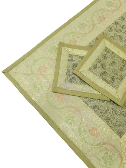 13 PC Table Runner Dining Indian Banarasi Silk Brocade Paisley Decor Khaki Color