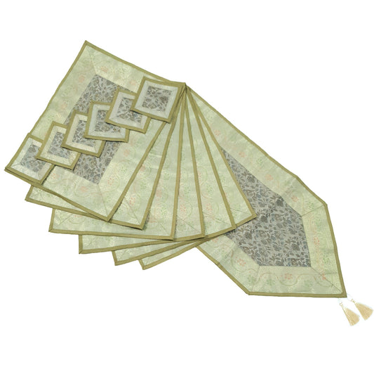 13PC Khaki Color Table Runner Dining Indian Banarasi Silk Brocade Floral Decor