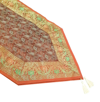13 PC Banarasi Table Runner Rust Indian Silk Brocade Paisley Dining Decor Cloth