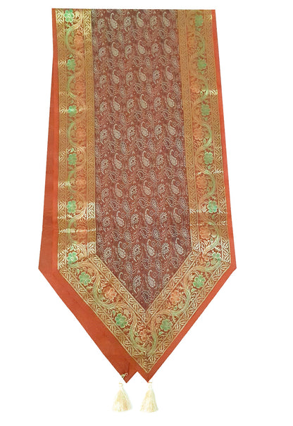 13 PC Banarasi Table Runner Rust Indian Silk Brocade Paisley Dining Decor Cloth