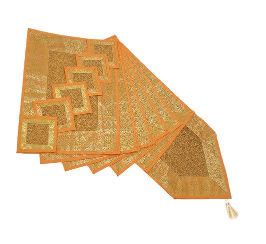 13 PC Mustard Banarasi Table Runner Silk Brocade Paisley Dining Decor Cloth Gift