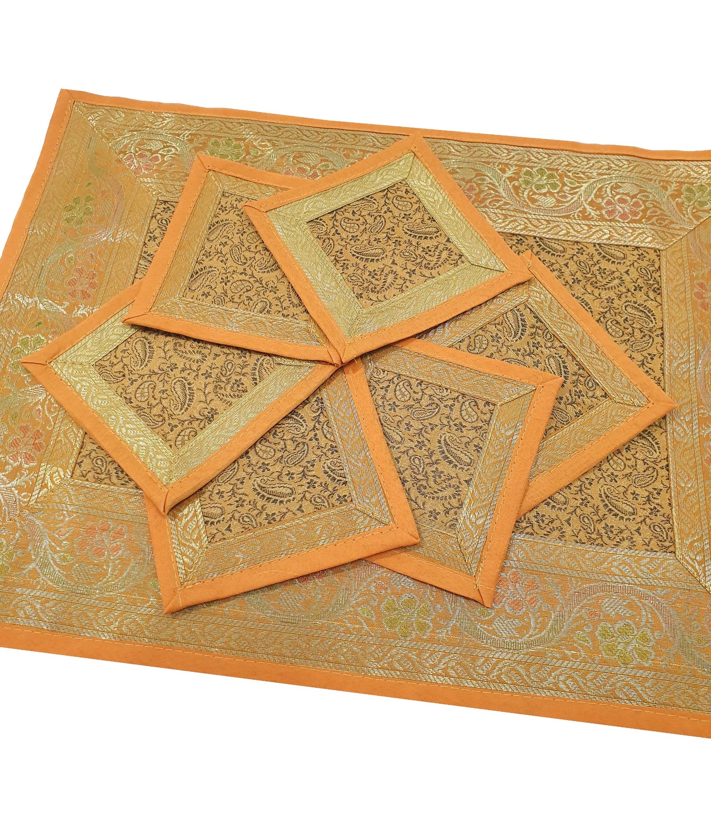 13 PC Mustard Banarasi Table Runner Silk Brocade Paisley Dining Decor Cloth Gift