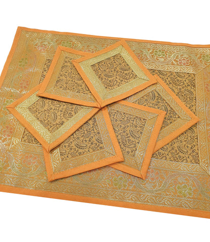 13 PC Mustard Banarasi Table Runner Silk Brocade Paisley Dining Decor Cloth Gift