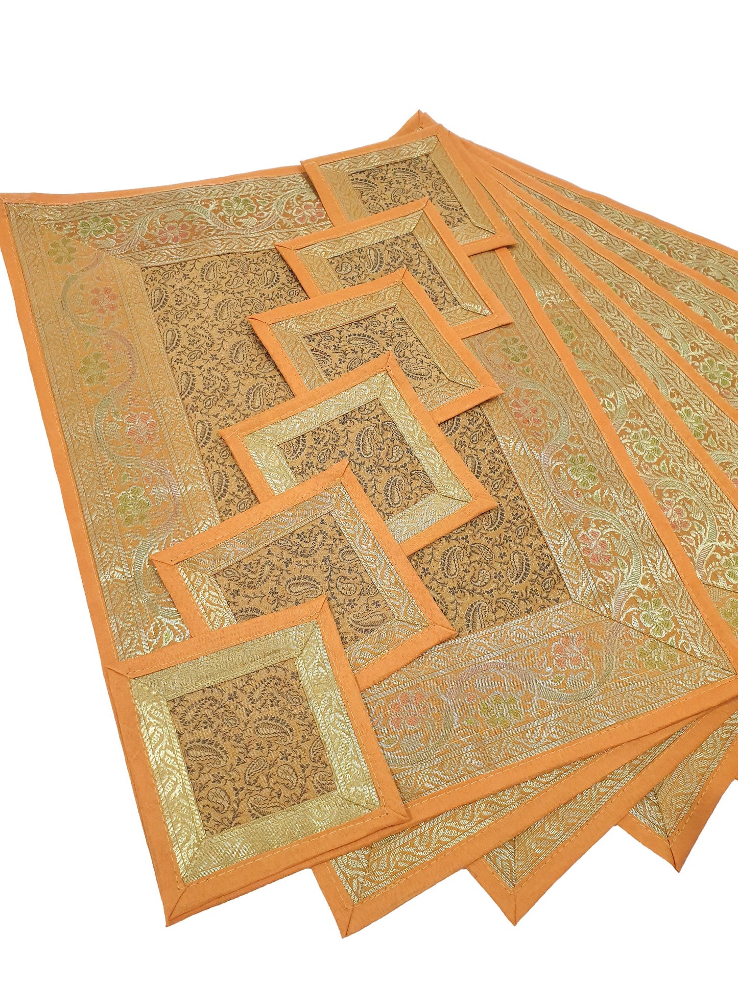 13 PC Mustard Banarasi Table Runner Silk Brocade Paisley Dining Decor Cloth Gift