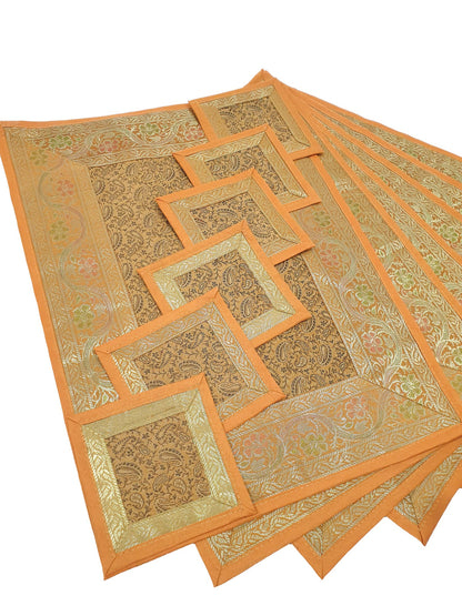 13 PC Mustard Banarasi Table Runner Silk Brocade Paisley Dining Decor Cloth Gift