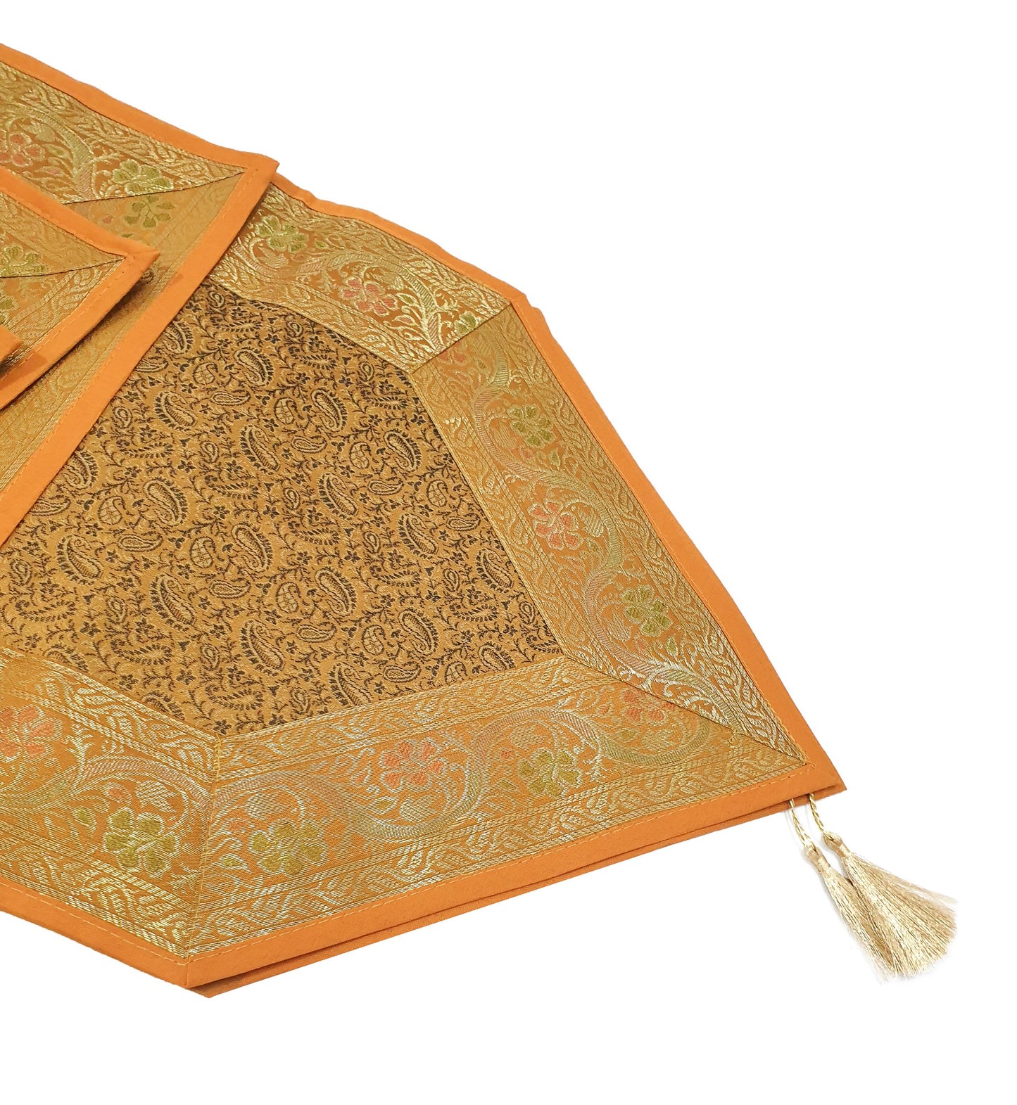 13 PC Mustard Banarasi Table Runner Silk Brocade Paisley Dining Decor Cloth Gift