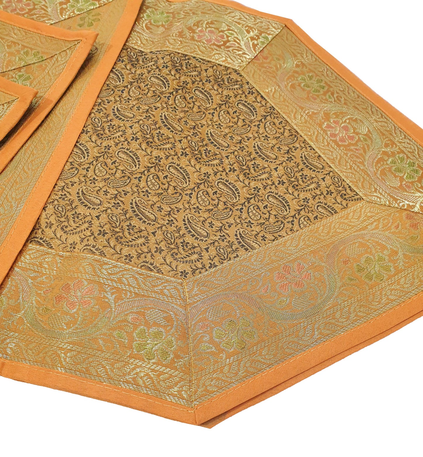 13 PC Mustard Banarasi Table Runner Silk Brocade Paisley Dining Decor Cloth Gift