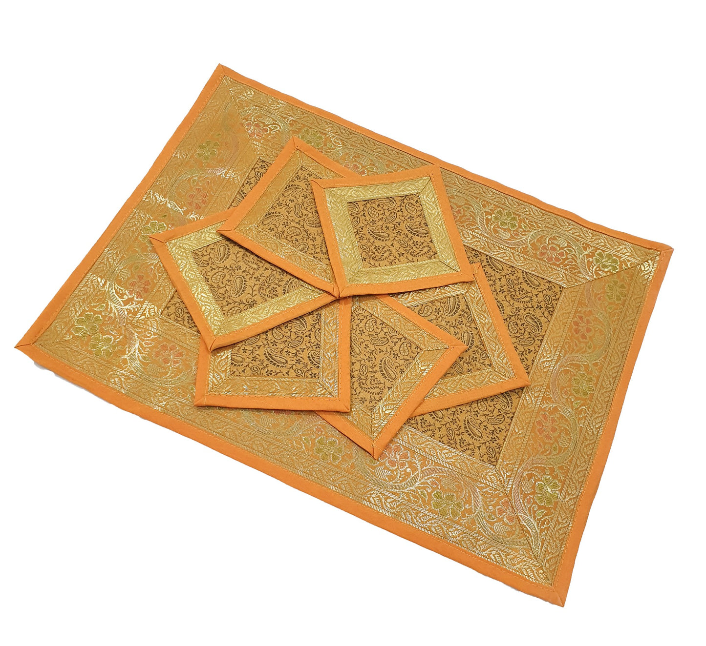 13 PC Mustard Banarasi Table Runner Silk Brocade Paisley Dining Decor Cloth Gift