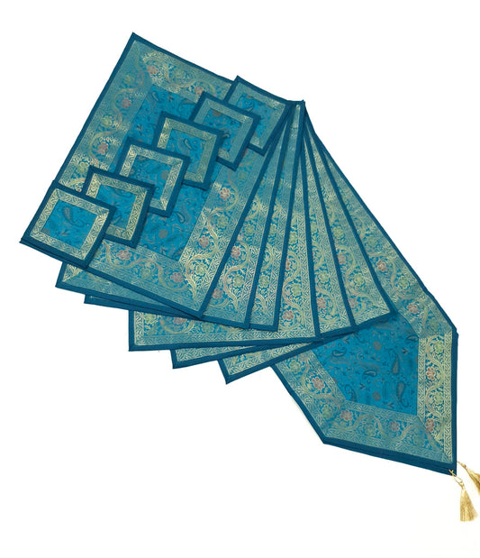 Set of 13 Teal Blue Banarasi Silk Table Runner – Paisley Brocade Decor Gift Item